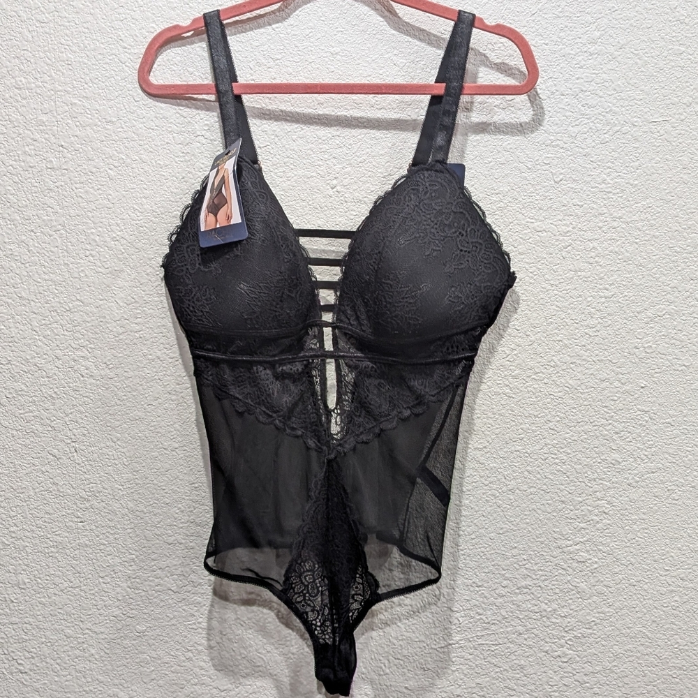 Rachel Roy Curvy Lace High Cut Teddy Bodysuit Black 1X NWT Sheer Lingerie - Picture 5 of 10